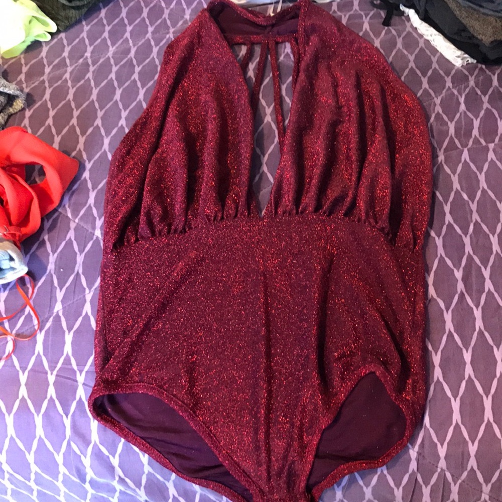 Red glittery halter body suit